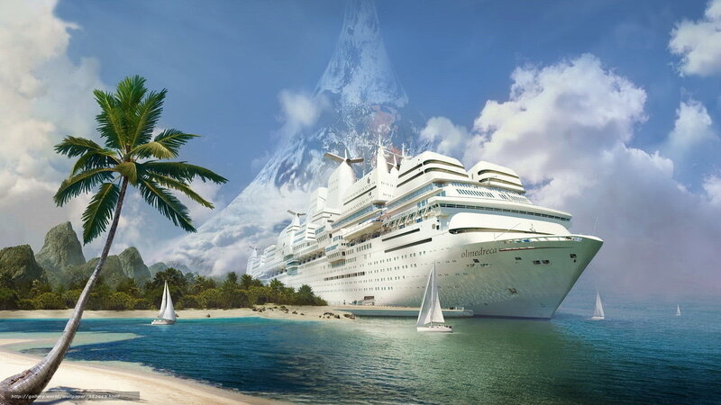 Cruise Ship Near Island — Blue