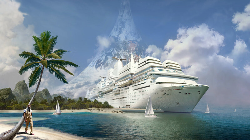 Cruise ship near tropical island