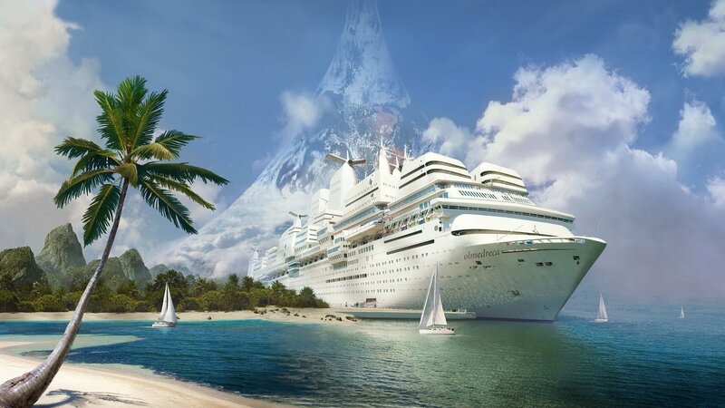 Cruise ship near tropical island