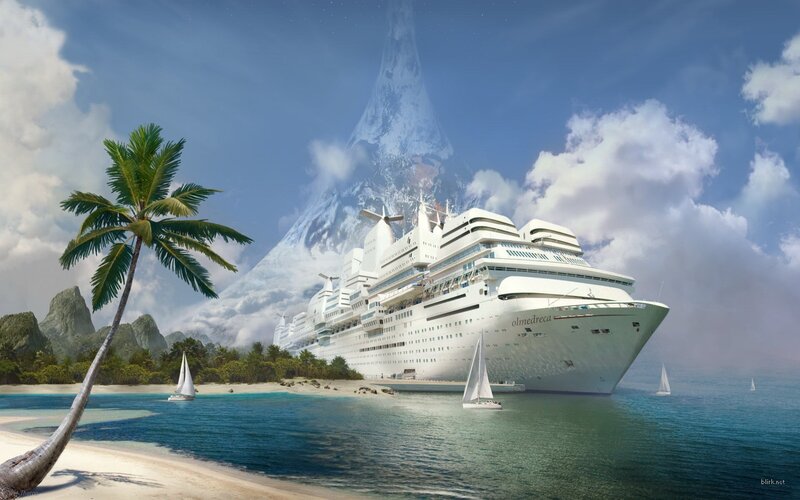 Cruise ship near tropical island