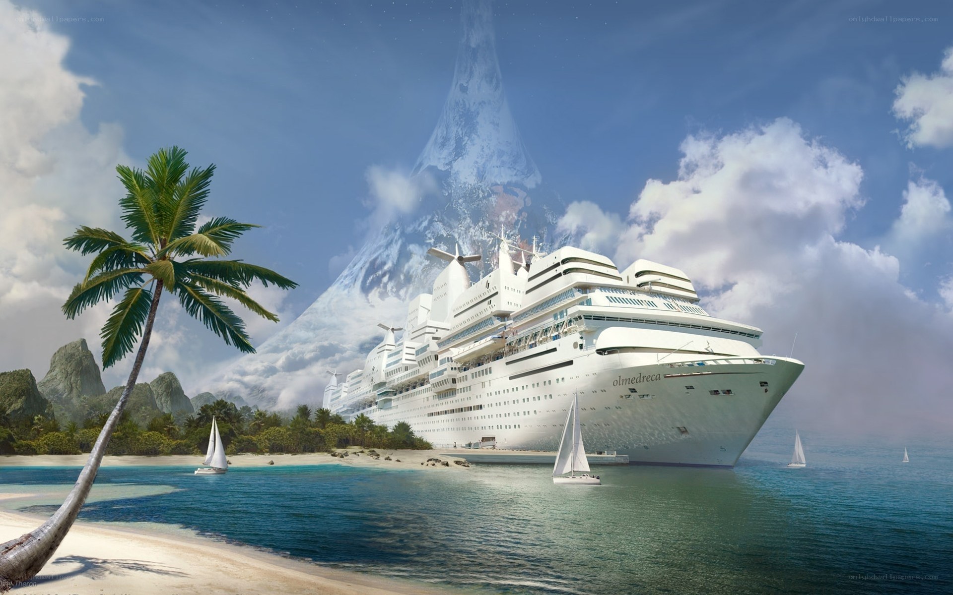 Cruise ship near tropical island