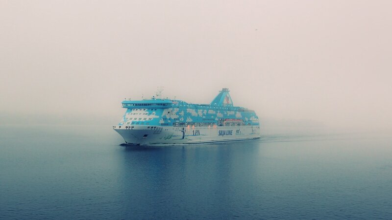 Cruise Ship on Water — Blue, Misty