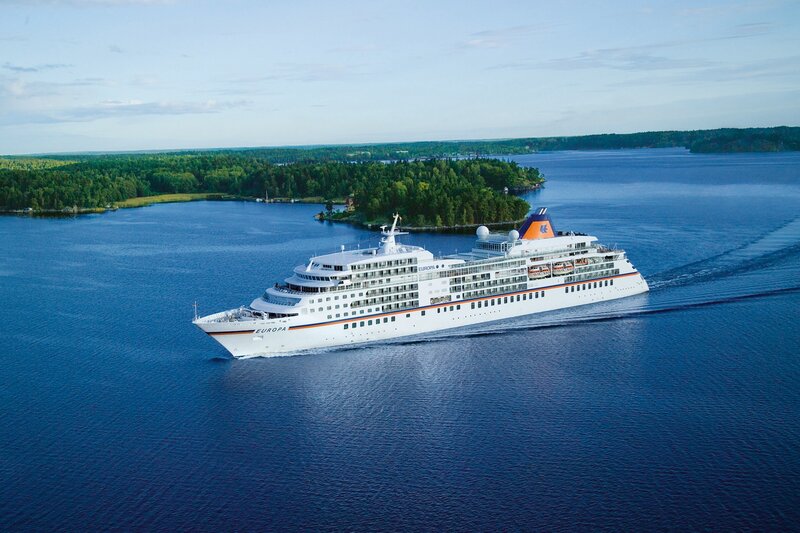 Cruise Ship on Water — Blue, Serene, Afternoon, Photograph, Island