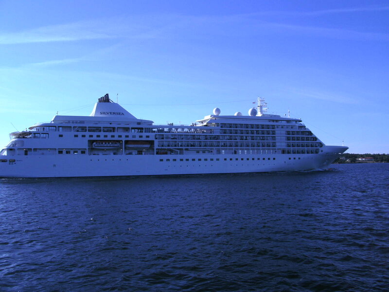 Cruise Ship on Water — Blue, Serene, Afternoon, Photograph, Ocean, Sky, Trees