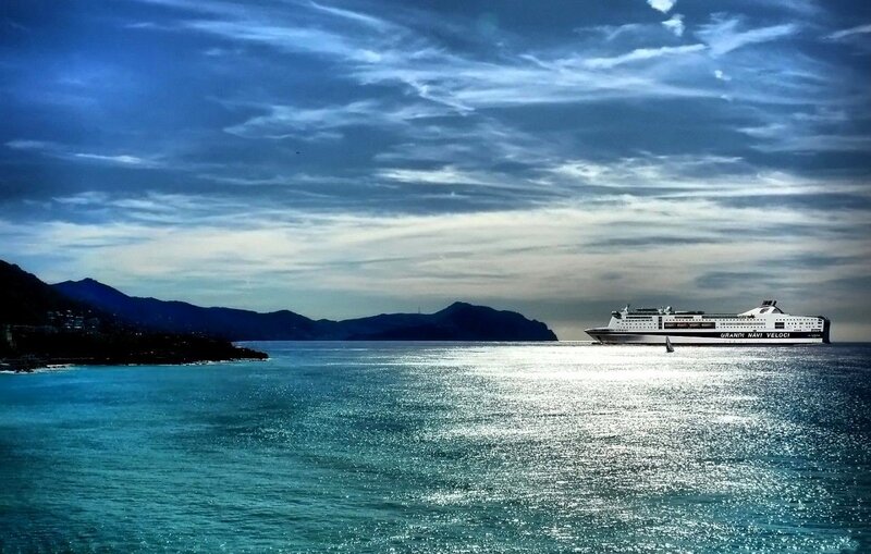 Cruise Ship on Water — Blue