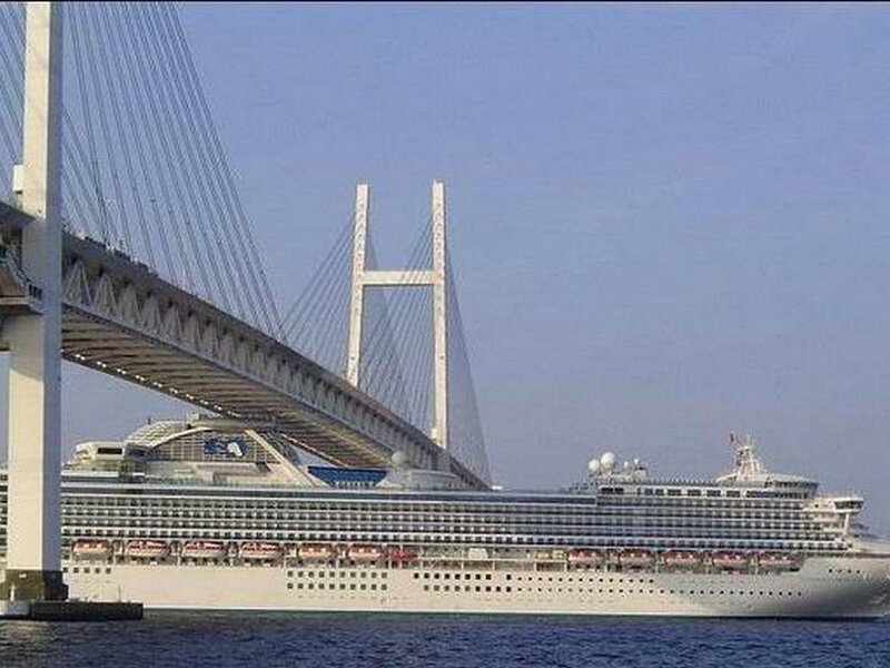 Cruise ship under a cable-stayed bridge