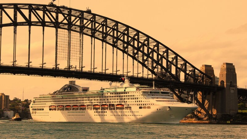 Cruise Ship under Bridge — Orange