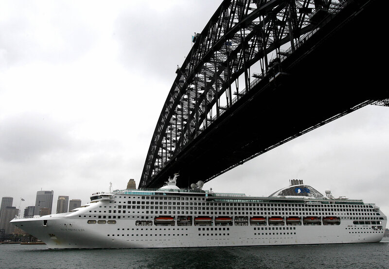 Cruise Ship under Bridge — White, Dramatic