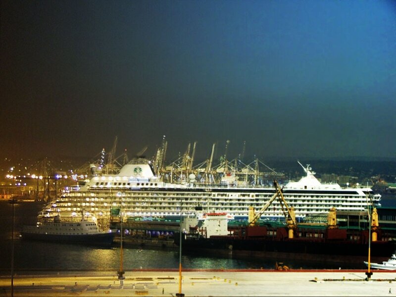 Cruise ships at night in port
