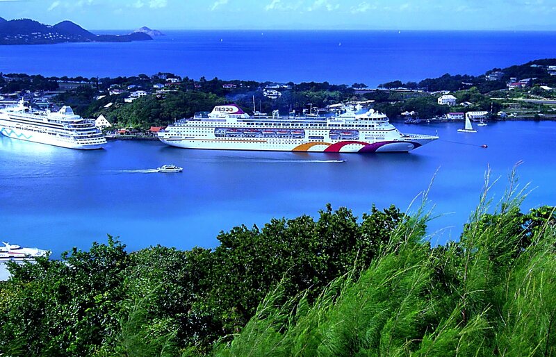 Cruise ships in a tropical harbor