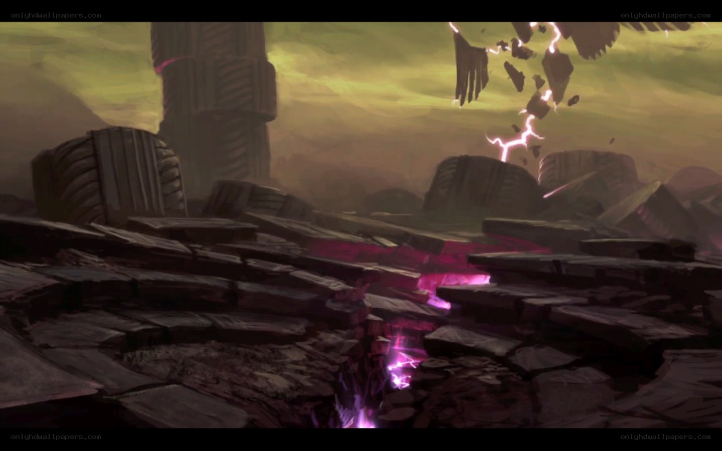 crumbled ruins with purple energy