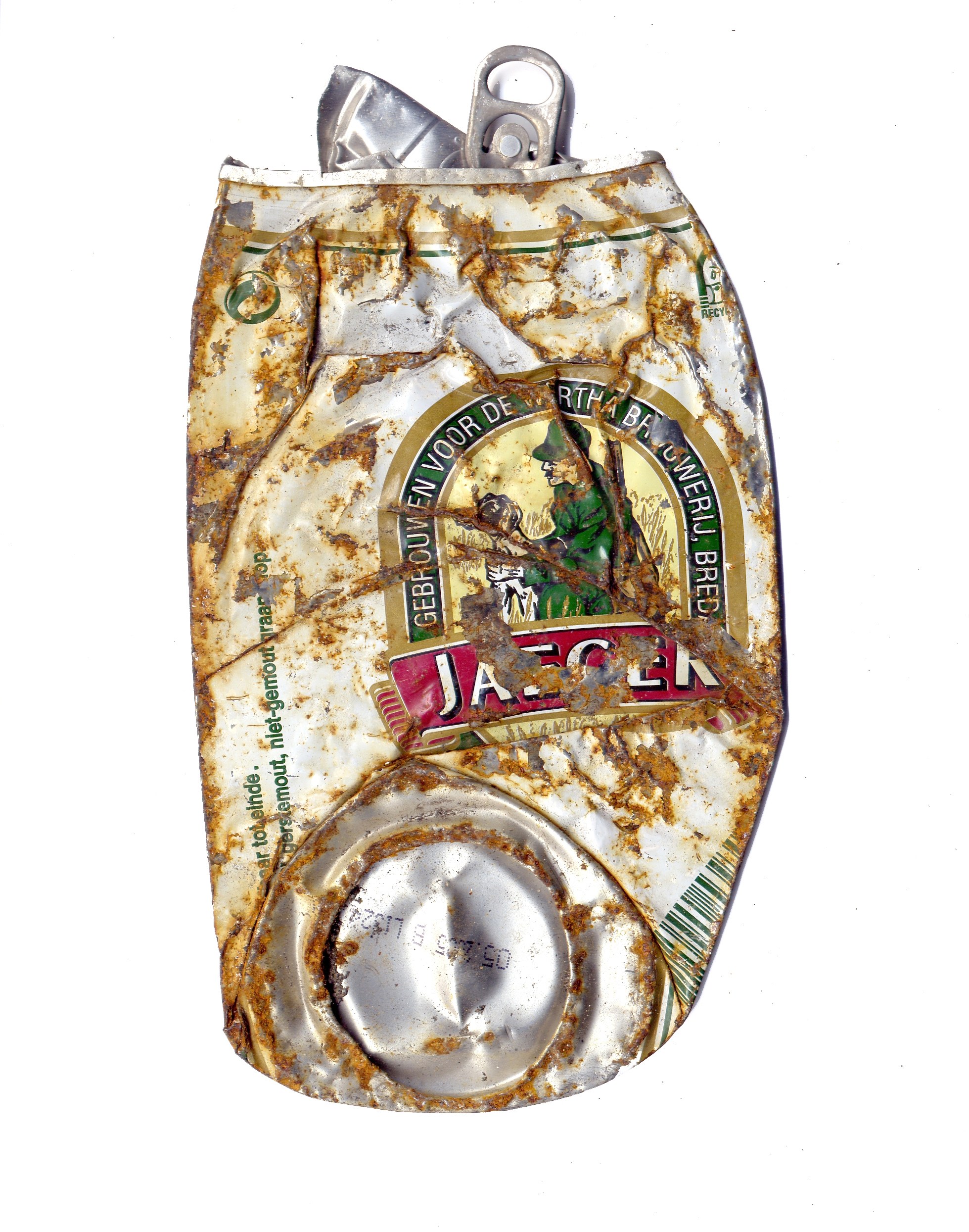 Crushed and rusted beer can