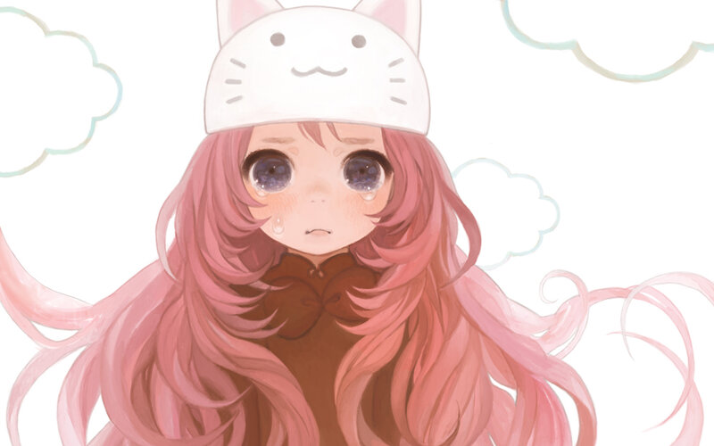 crying anime girl with cat hat