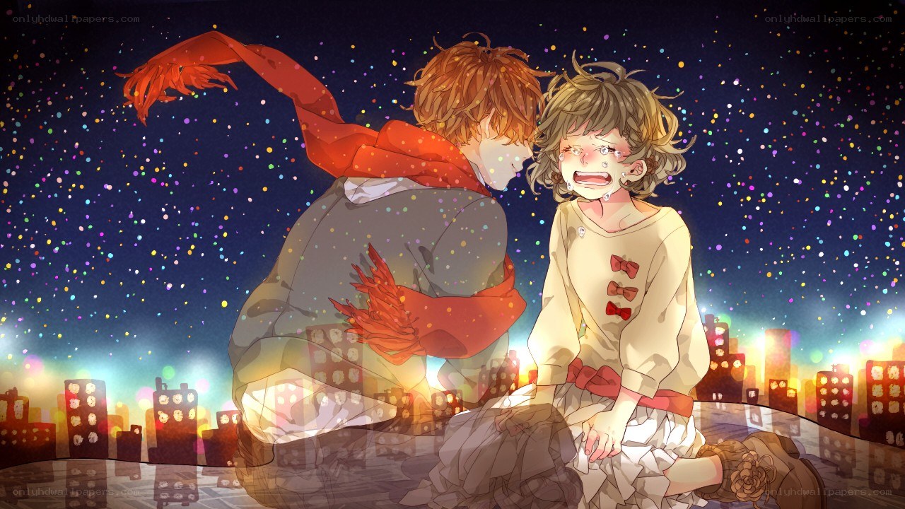 Crying girl with boy in city