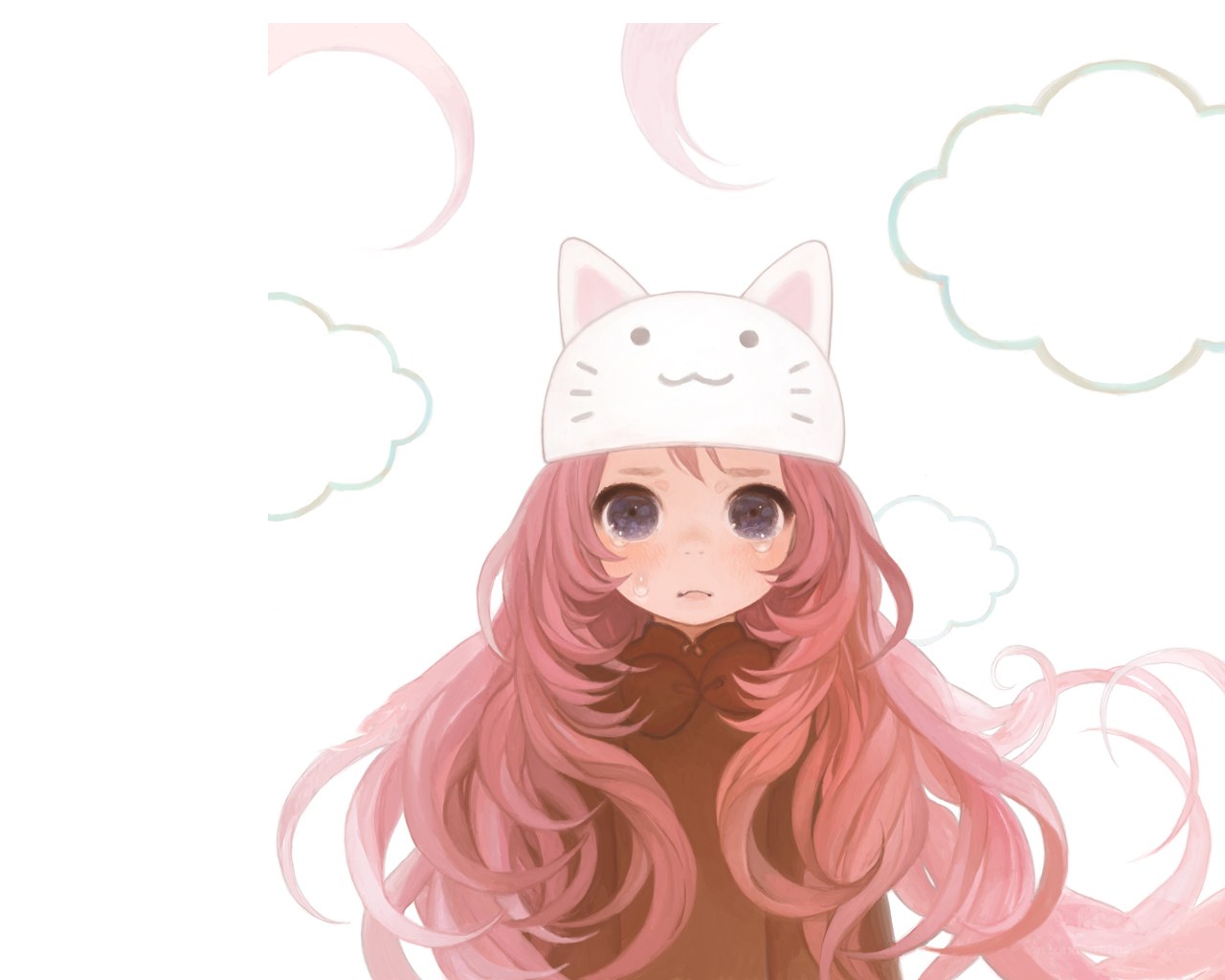 crying girl with cat hat