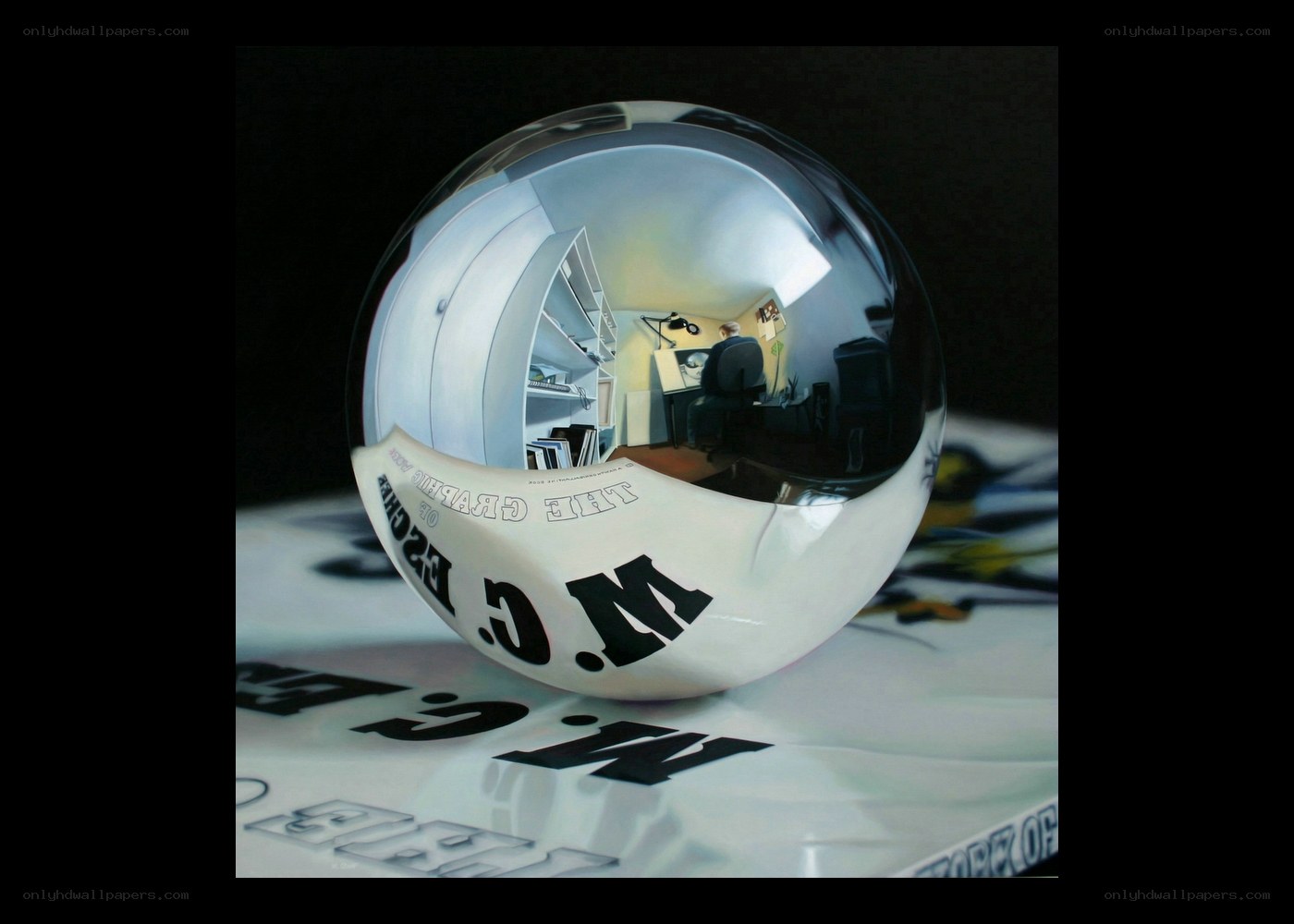 Crystal ball reflecting a workspace