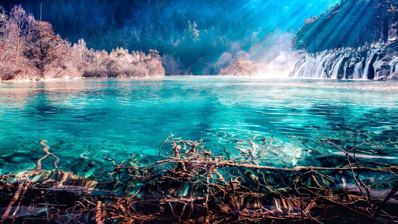 Crystal-clear Lake with Waterfall