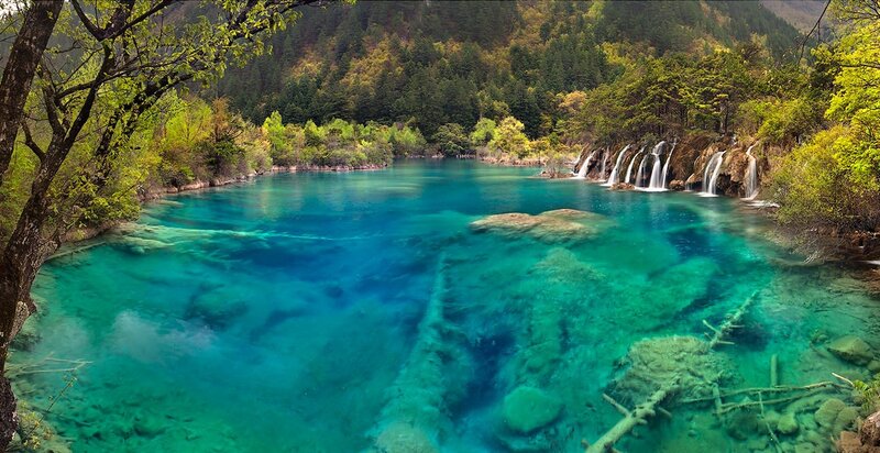 Crystal-clear Lake with Waterfalls — Blue