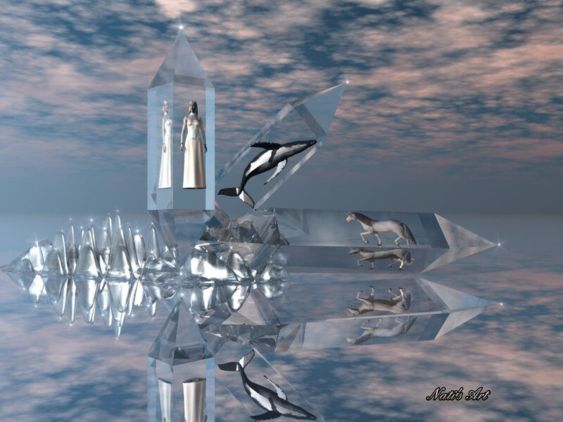 crystal figures in a dreamlike landscape