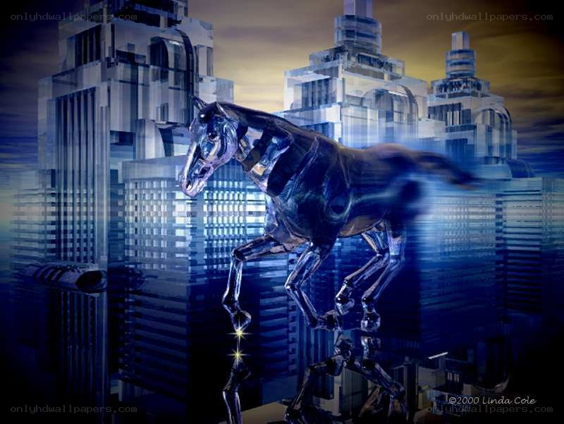 Crystal horse in cityscape