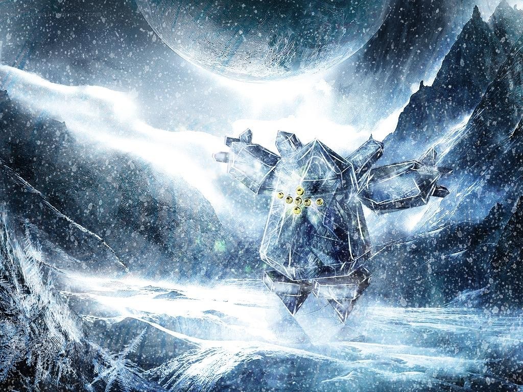 Crystal robot in snowy landscape