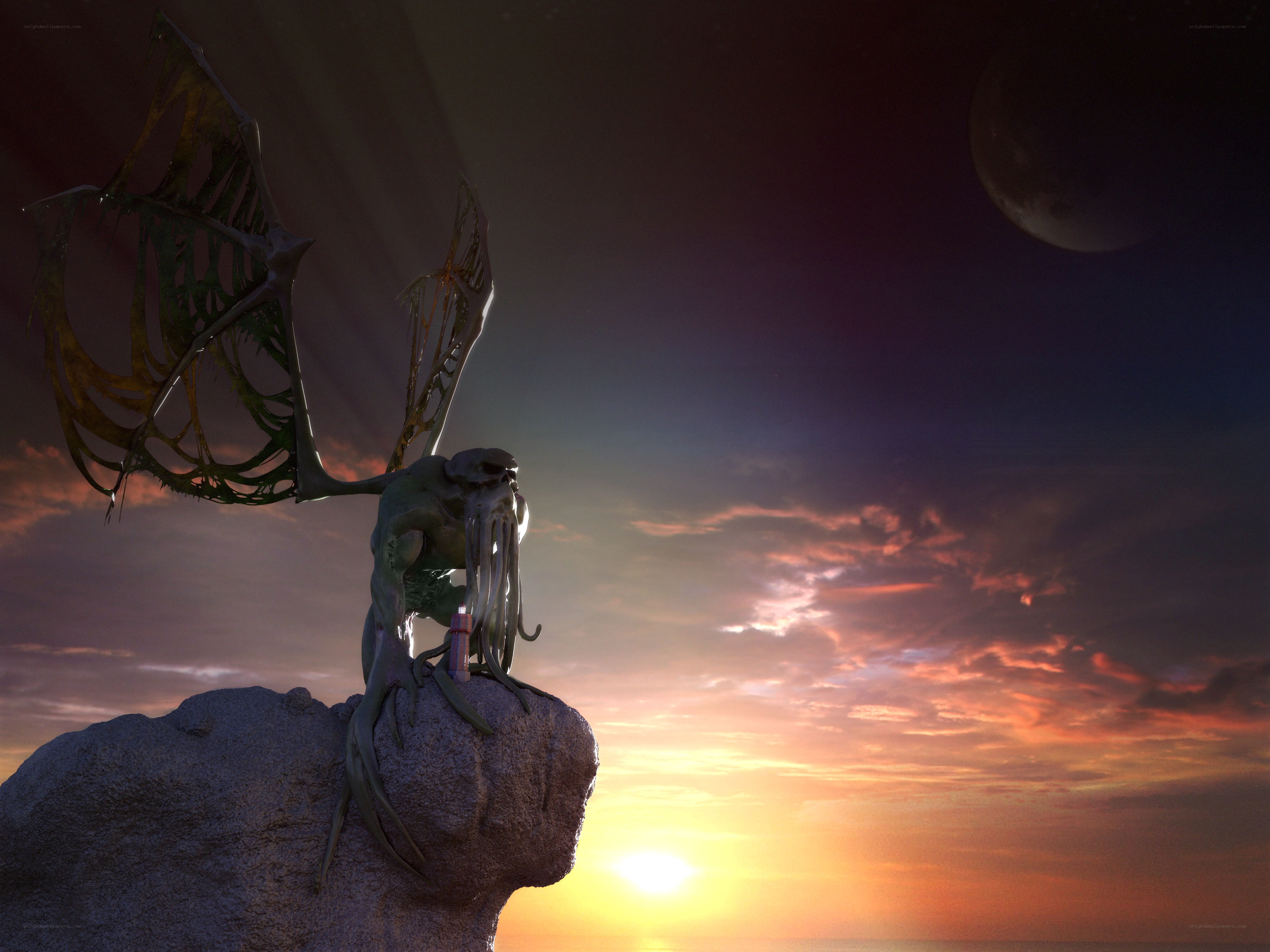 Cthulhu on a cliff at sunset