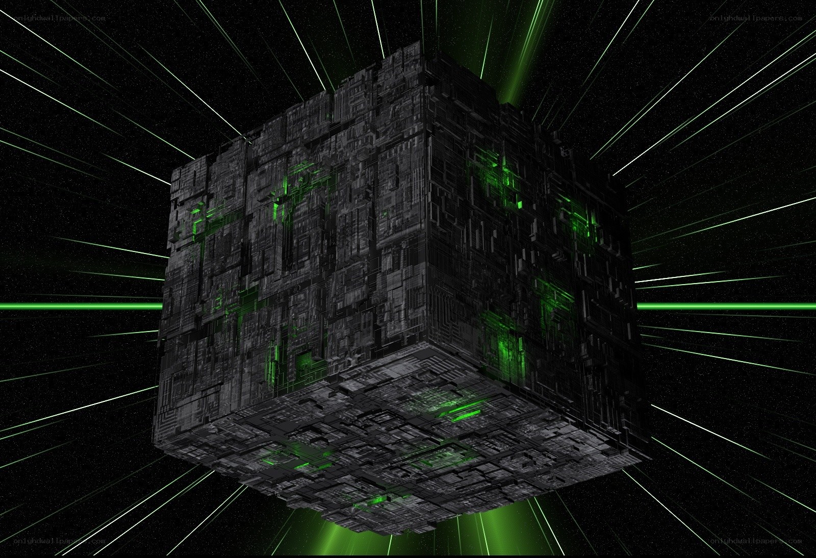 cube in space with green lights