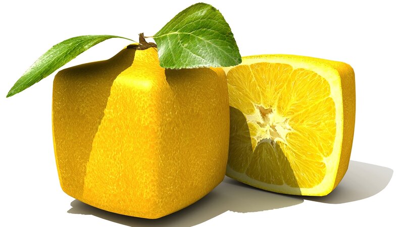 cube-shaped lemon with leaf