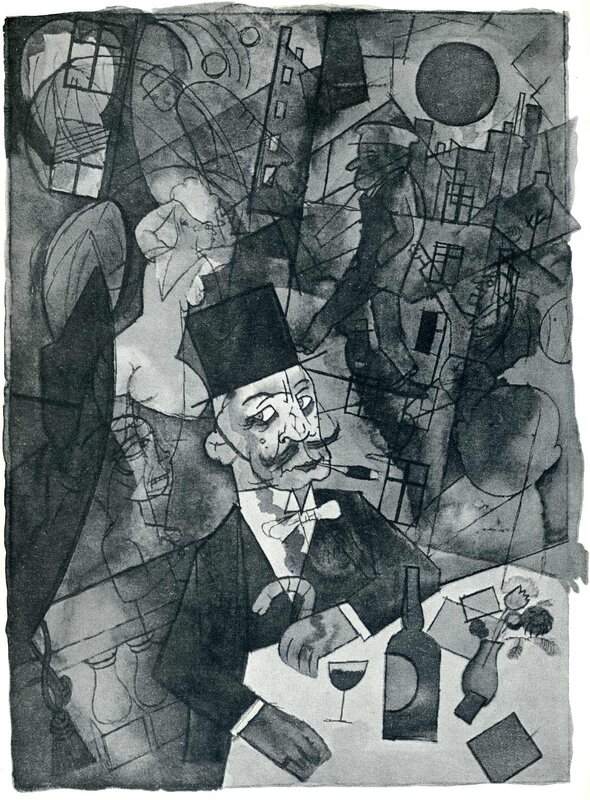 Cubist city scene with man