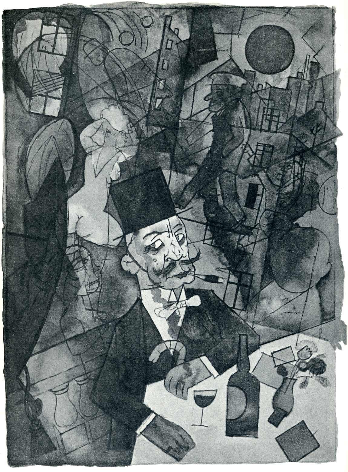 Cubist city scene with man