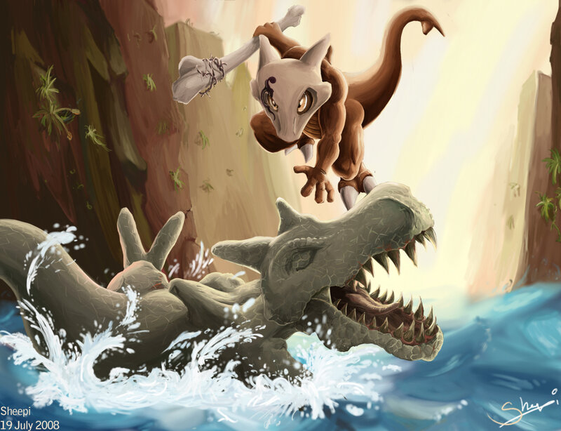 Cubone attacks a dinosaur