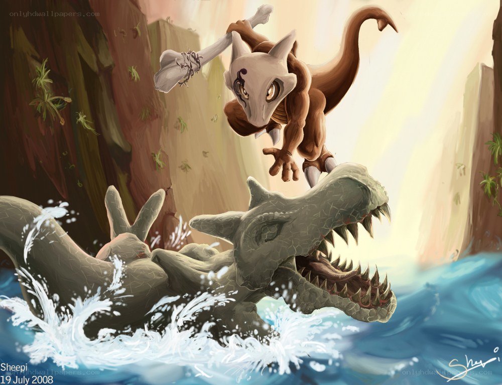 Cubone attacks a dinosaur