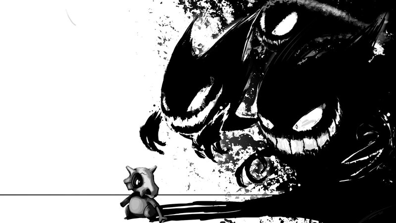 Cubone Facing Gengar — Black, Dramatic, Digital Art, Splatter