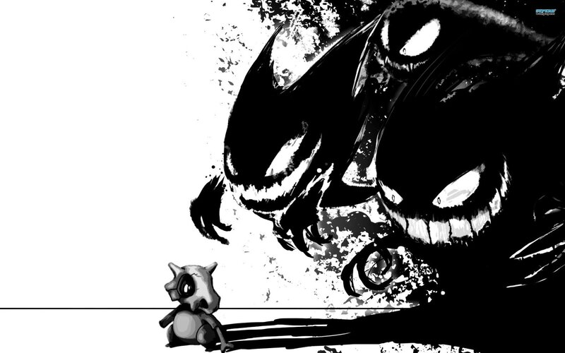 Cubone Facing Gengar — Black, Dramatic, Manga