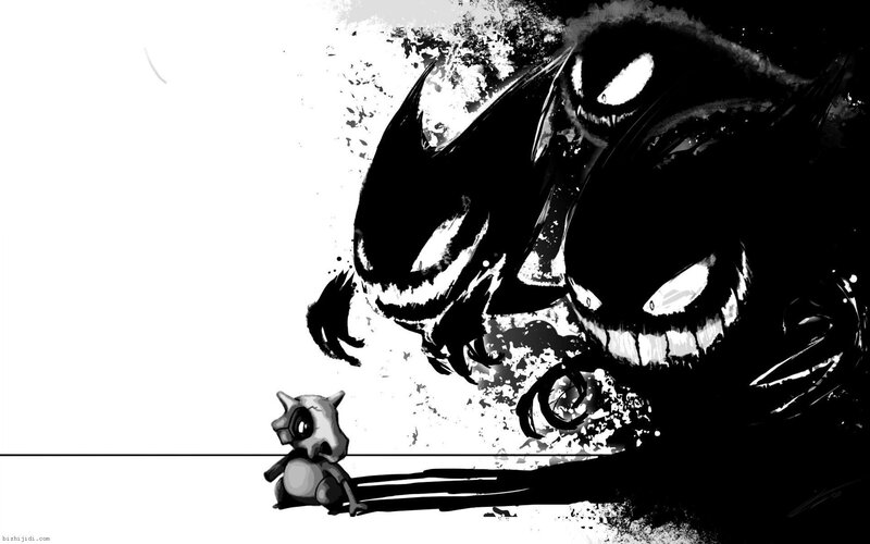 Cubone Facing Gengar — Black, Dramatic