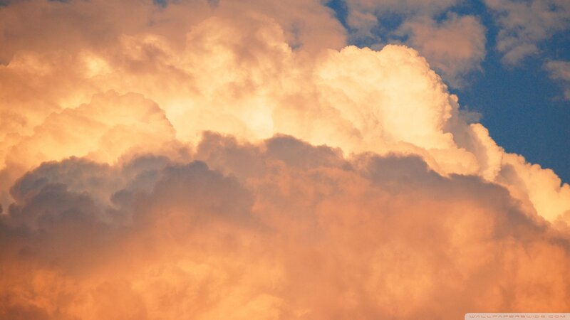 Cumulus Clouds at Sunset — Orange, Dramatic, Photograph, Sky, Blue