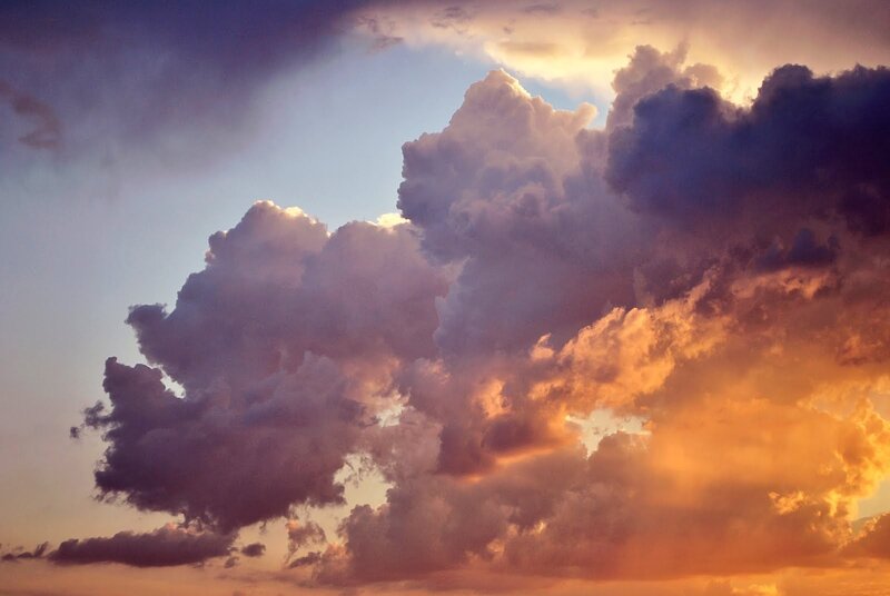 Cumulus Clouds at Sunset — Orange, Dramatic, Photograph, Sky, Sunlight, Purple