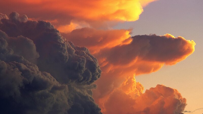 Cumulus Clouds at Sunset — Orange, Dramatic, Photograph, Sky, Sunlight, Yellow, Gray