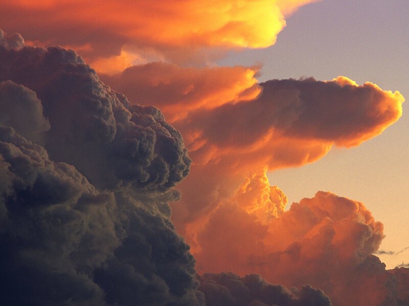 Cumulus Clouds at Sunset — Orange, Dramatic, Photograph, Sky