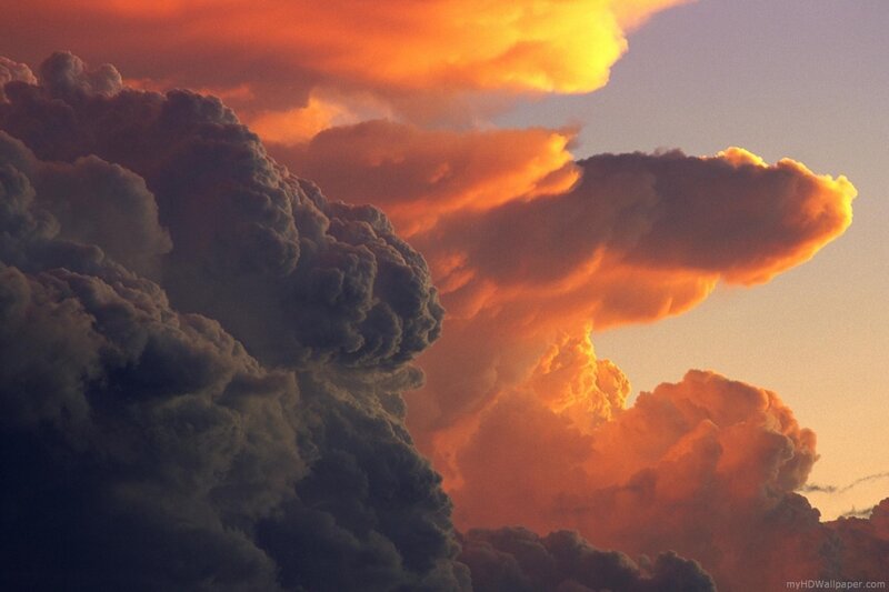 Cumulus Clouds at Sunset — Orange, Dramatic, Photograph