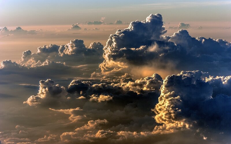 Cumulus Clouds from Above — Blue, Dramatic, Sunset, Photograph