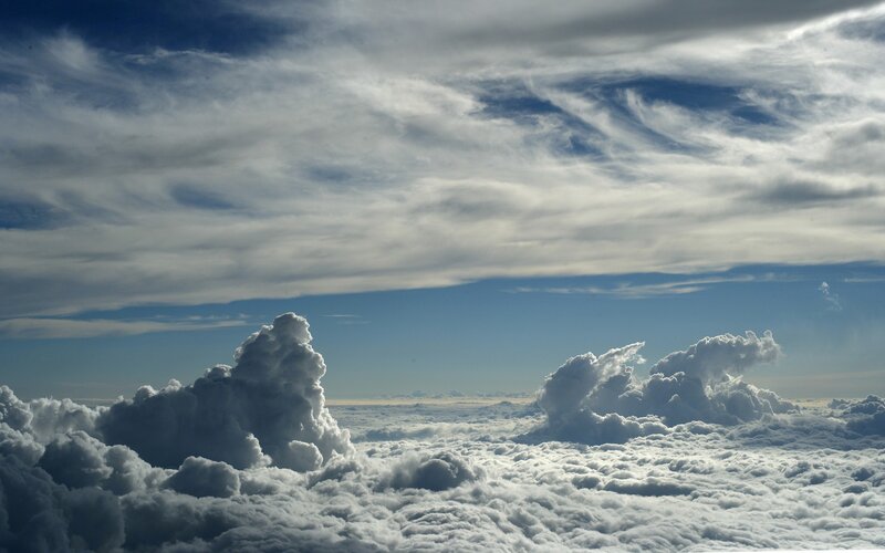 Cumulus Clouds from Above — Blue, Serene, Afternoon, Photograph, Sky, Aircraft View, White