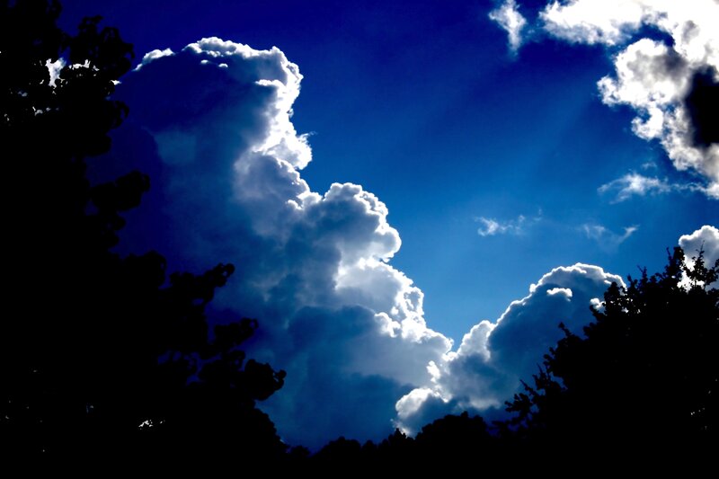 Cumulus Clouds in Sky — Blue, Dramatic, Afternoon, Photograph, Trees