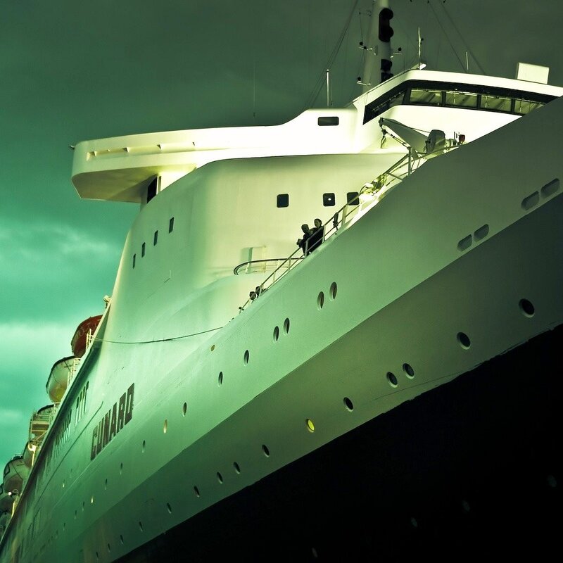 Cunard cruise ship at night