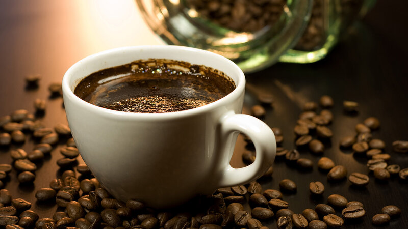 Cup of Coffee with Beans — Brown, Dramatic, Photograph