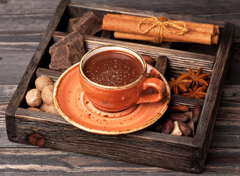 Cup of Hot Chocolate — Brown, Cozy, Photograph, Cinnamon Sticks