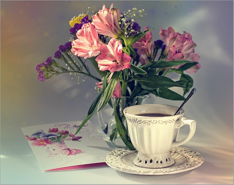 Cup of Tea with Flowers — White