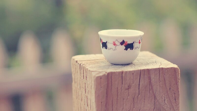 Cup with dog pattern on wood