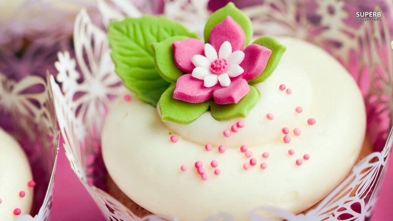 Cupcake with Flower Decoration — White, Sweet, Photograph