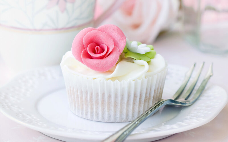 Cupcake with Pink Rose — White, Serene, Photograph
